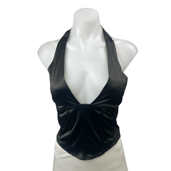 NEW Motel Black Silk Satin Halter Plunging V Neck Open Back Blouse Crop Top M - Picture 1 of 4
